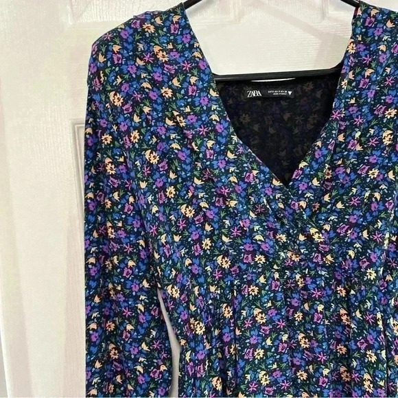 Zara Floral Long Sleeve V-Neck Mini Dress Women Sz S Shoulder Pads Feminine - Picture 6 of 11